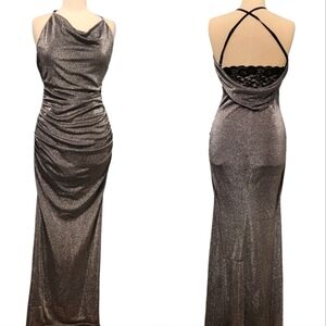 A.Byer Metallic Shimmer Spaghetti Strap Back Lace Cowl Rouched Slit Dress